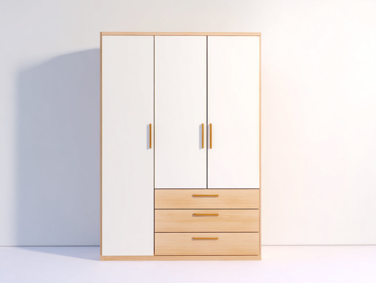 Armoire - Bois-MDF - 135x58x198 cm - Blanc-Bois naturel - Rangement chambre