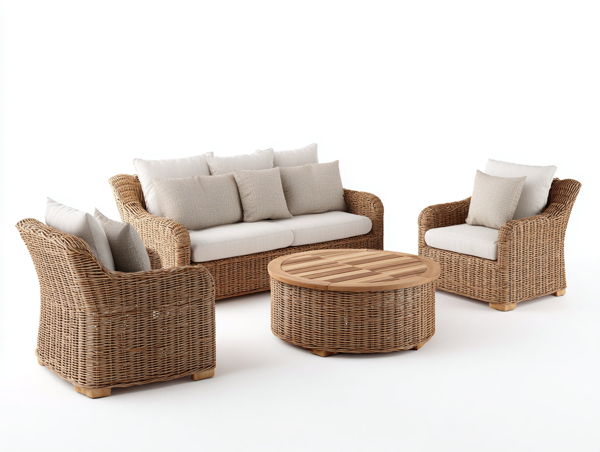 Canapé de jardin - rotin synthétique-bois-tissu - 208 x 86 x 84 cm - naturel-beige - classique