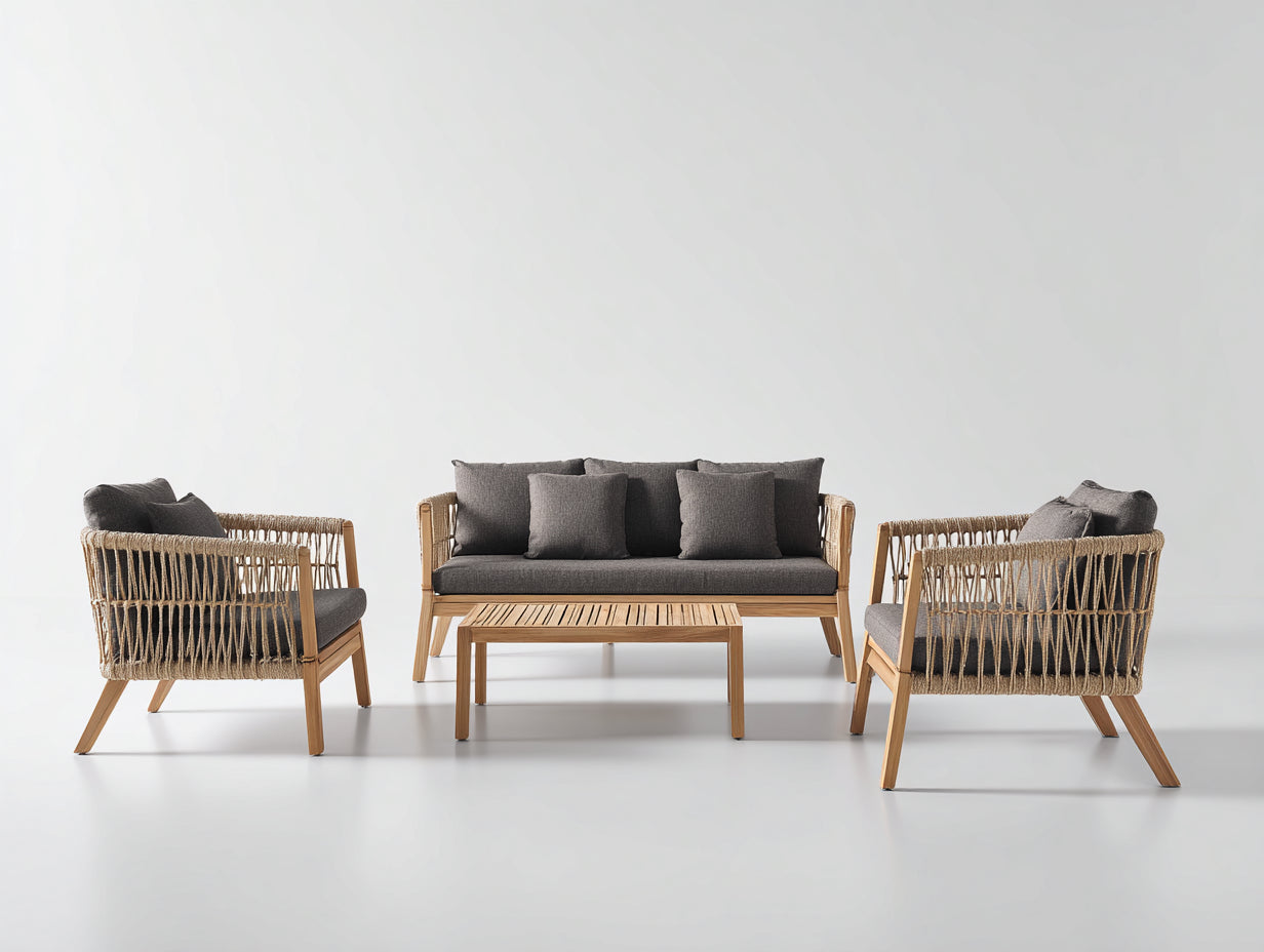 Canapé de jardin - bois-corde-tissu - 215 x 78 x 74 cm - naturel-gris anthracite - scandinave