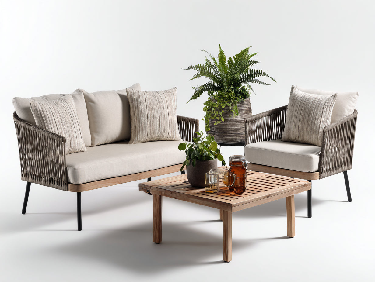 Canapé de jardin - bois-corde-métal-tissu - 175 x 78 x 76 cm - naturel-beige-gris - moderne