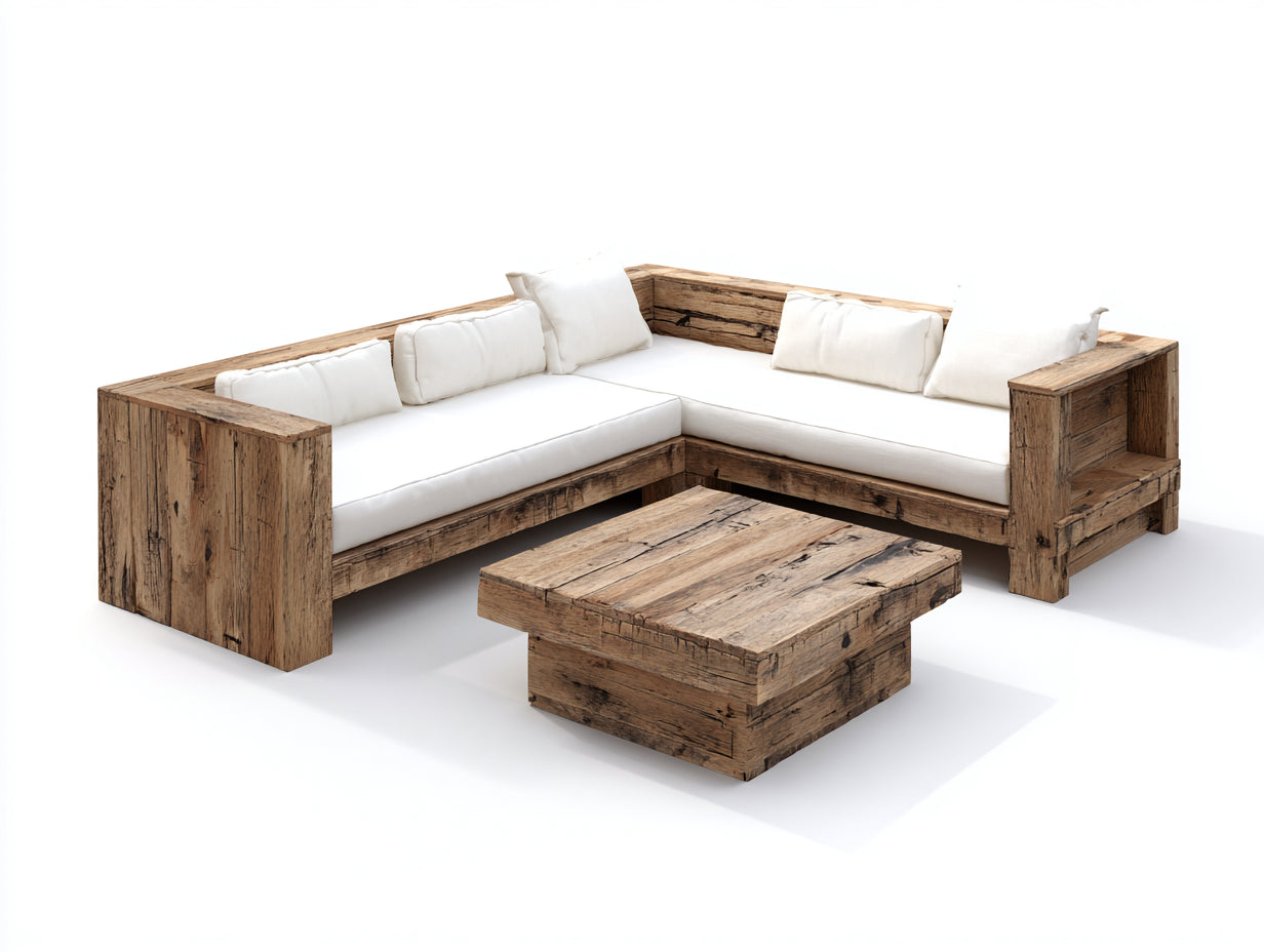 Canapé de jardin-bois-260x260x80 cm-naturel-écru-rustique