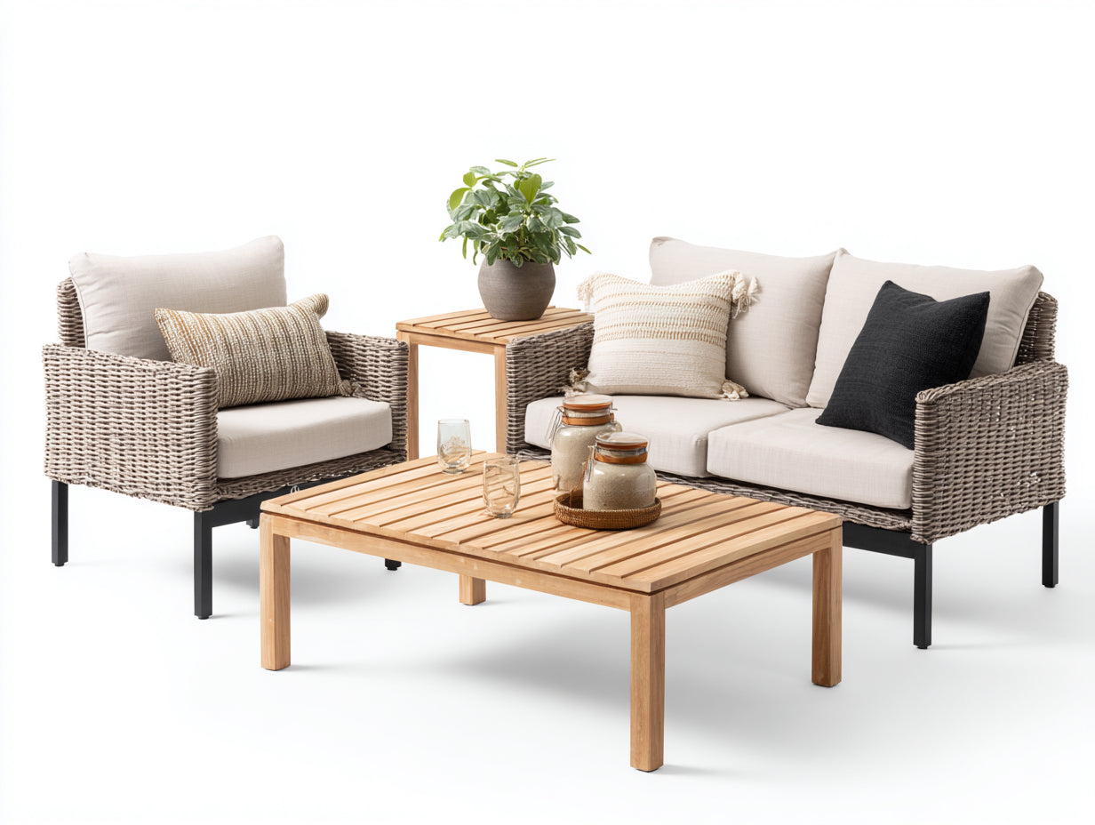 Canapé de jardin - rotin synthétique-bois-métal-tissu - 195 x 145 x 75 cm - beige-naturel-noir - contemporain
