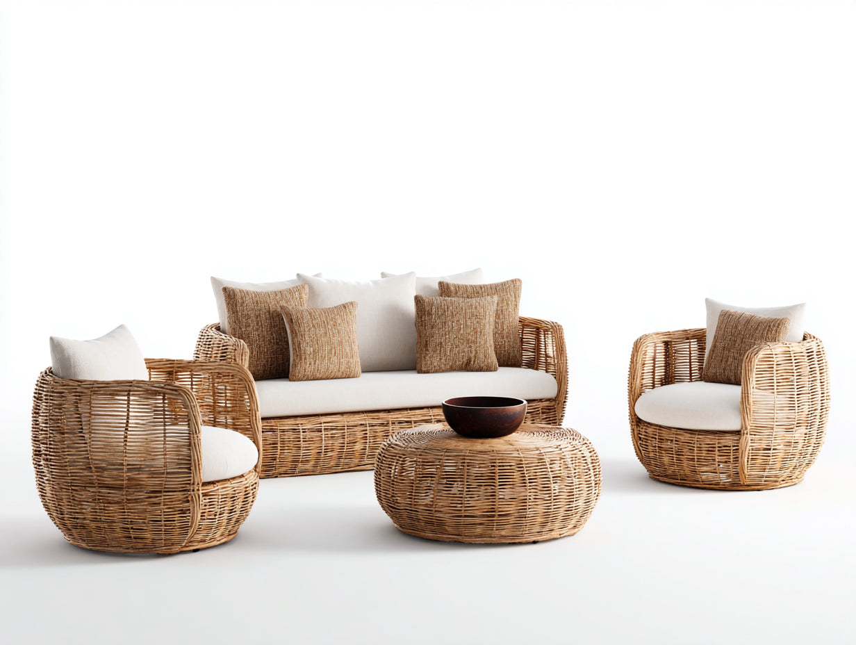 Canapé de jardin - rotin synthétique-tissu - 212 x 82 x 78 cm - naturel-beige - contemporain